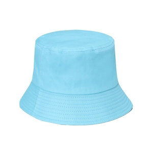 Detail of light blue cotton bucket hat featuring multi-row parallel stitching on the brim