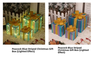 Three-piece set of blue Christmas gift boxes with gold bows showing lighted and unlit effects
