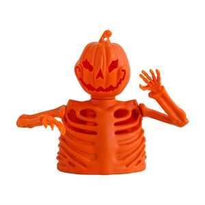 Halloween pumpkin skeleton candle holder decor in orange for festive party tabletop display