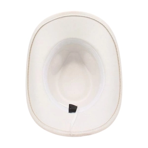 Detailed view of the off-white felt hat interior showing sweatband and care label