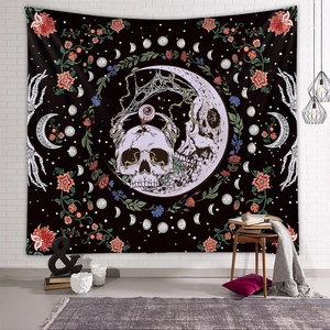 Gothic skull tapestry with moon phases and flowers on a black background for wall decor