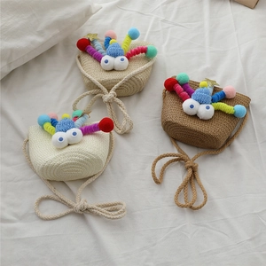 Mini cartoon straw woven crossbody bags for girls in white, khaki, and brown colors