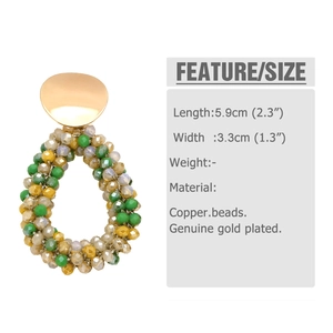 Detail of handmade colorful beaded teardrop earrings with gold-plated copper studs