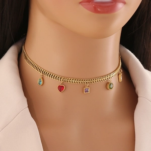 Gold chain necklace for women with colorful heart, drop, and flower shaped glass pendants