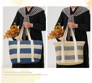 Close-up of contrast stripe woven straw tote bags in blue and beige with macro textures