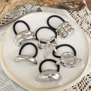Set of 6 minimalist silver metal hair ties with elastic bands in vintage geometric designs