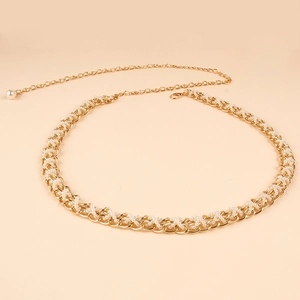 Fashionable gold metal chain waist belt with woven faux pearls and shell flower charm