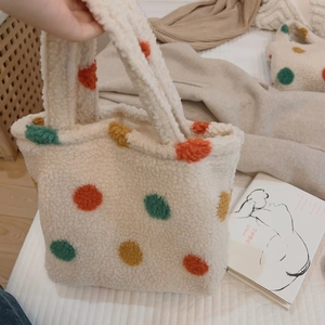 Fuzzy white teddy fleece tote bag with colorful polka dots and soft plush top handles