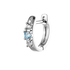 Elegant silver copper earring with round blue and clear cubic zirconia on white background