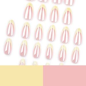 Uñas postizas almendra French rosa y amarillo con acabado brillante en fondo blanco