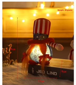 Close-up of lighted Independence Day gnome with tall star hat and orange beard