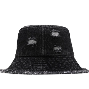 Chapeau Bob En Denim Délavé Avec Bords Effilochés Et Trous Style Streetwear Japonais Unisexe Décontracté