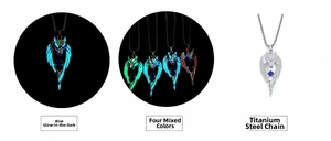 Detailed view of luminous wolf head pendant with wings in four glowing neon colors