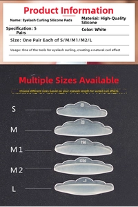 Detailed size guide for 5 pairs of white silicone eyelash lift pads from S to L size