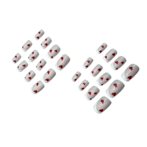 Glossy milky white press-on nails set with red heart patterns for sweet manicure style
