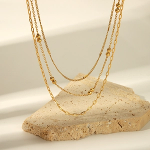 Layered Necklace Stainless Steel Gold Plated Multi Strand Paperclip And Beaded Chain Waterproof Hypoallergenic For Women