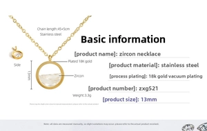 Detail view of 18K gold plated stainless steel heart zircon necklace with dimensions 45+5cm