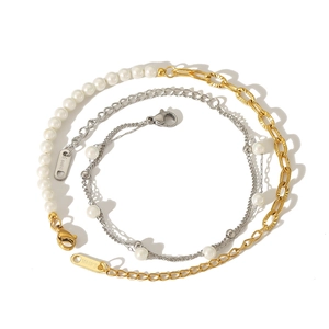 Double-layered 18K gold plated stainless steel pearl bracelet set for women