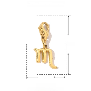 Detailed view of gold 18mm letter m pendant in stainless steel with measurements