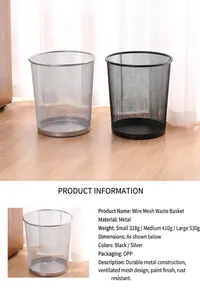 Detailed view of metal mesh waste bin features including black and silver rustproof finish