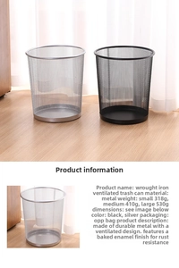 Detailed view of metal mesh waste bin features including black and silver rustproof finish