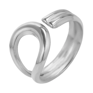 Top view of sleek geometric adjustable ring in polished silver stainless steel