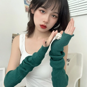 Detail of dark green ribbed knit arm sleeves featuring high-elasticity texture