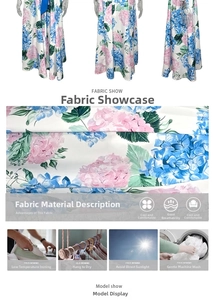 Detailed fabric view of hydrangea floral print dress with washing and care instructions