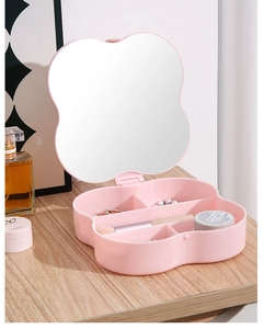 Pink cloud-shaped jewelry organizer box with mirror and multi-compartment storage space