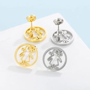 Minimalist round hollow earrings with girl silhouette in gold and silver finish