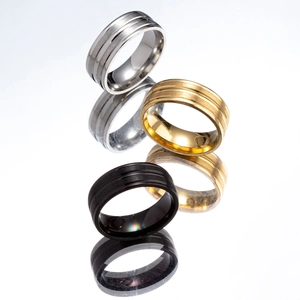 Men's titanium steel matte ring set in silver, gold and black with parallel grooves