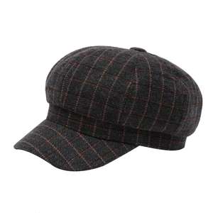 Classic plaid newsboy cap with grey and orange grid patterns on a solid white background