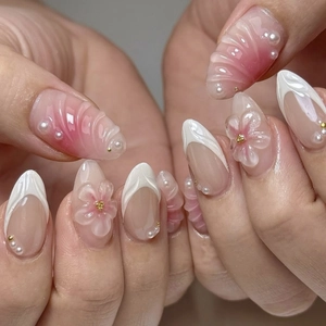 3D Flower Press On Nails Handmade Blush Gradient Pink White French Tip Almond Shape Fake Nails With Artificial Pearls Elegant