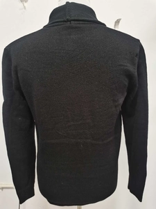 Rear view of men's hooded knit cardigan in black fabric with textured shawl collar