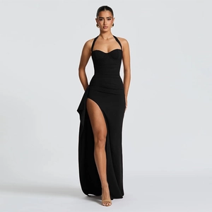 Elegant black halter neck maxi dress with high slit and ruffle details for women