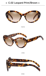 Vista da tre angolazioni di occhiali da sole vintage cat-eye con montatura leopardata