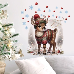 Sticker mural de renne de Noël avec faon mignon et flocons pour décoration intérieure