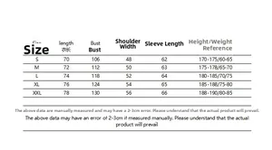 Detailed size chart for men waffle jacket with length, bust, shoulder and sleeve measurements