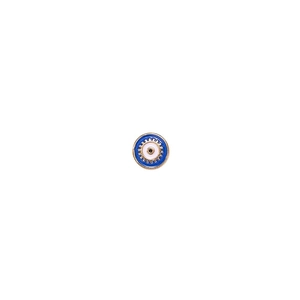 Detailed view of a blue and white enamel evil eye bead with gold metal rim for DIY jewelry