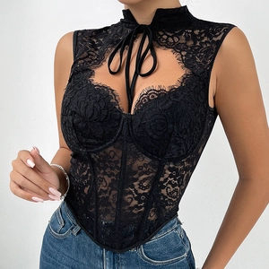 Sexy black lace corset top with high neck halter design and fishbone structure