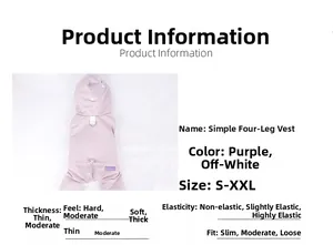 Detailed size chart and specifications for the purple insulated dog vest with hood
