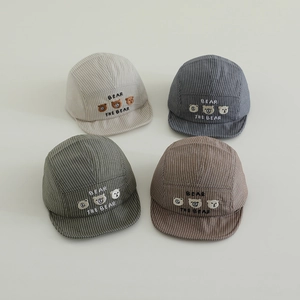 Cute striped baby baseball caps with bear embroidery in beige, grey, green, and brown