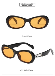 Front and 45-degree side views of black oval sunglasses with orange lenses and metal detail