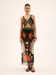 Bohemian black cutout mesh maxi dress with sun and moon prints for beach vacation