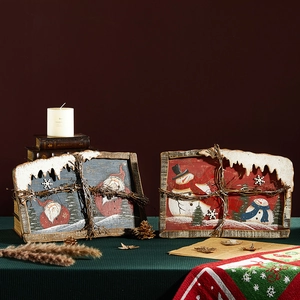 Christmas Wood Plaque Wall Hanging Decoration With LED Light Rustic Rattan Snowman Santa Claus Winter Holiday Indoor Ornament
