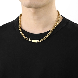 Close-up of gold stainless steel link chain necklace with rectangular tag on male model