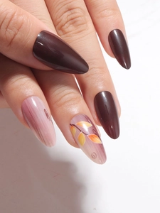 Almond cherry cherry leaves press-on nails with deep coffee and purple leaf art design