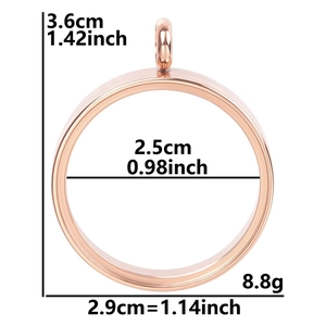 Detailed size measurement chart of rose gold stainless steel round locket pendant