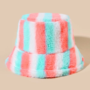 Close-up detail of soft pink, white, and green striped faux fur on the bucket hat