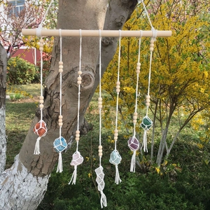 Bohemian wall hanging with 7 natural raw crystals and handmade woven cotton tassels